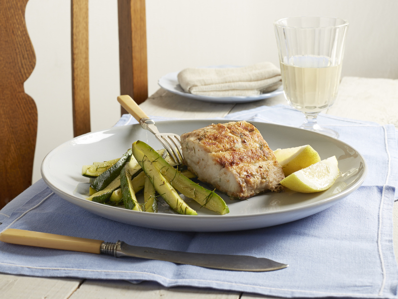 Fish in a pan & steamed baby marrows with dill 